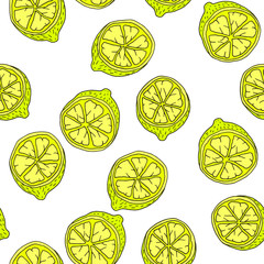 Cartoon yellow lemon fruit with contour, seamless pattern
