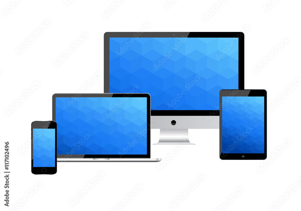 Poster set of realistic computer monitor, laptop, tablet and mobile phone with empty white screen. various 