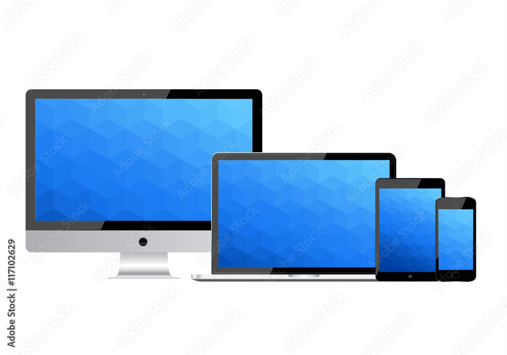 Poster set of realistic computer monitor, laptop, tablet and mobile phone with empty white screen. various 