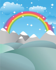 Mgic landscape with rainbow. Fields and meadows. Mountains and r