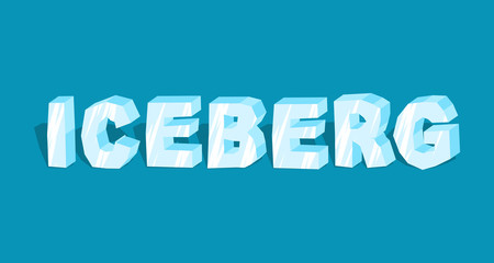 Iceberg word. Letters of ice. Cold lettring. Transparent blue ty