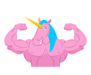 Unicorn Strong athlete. Magic pet bodybuilder with huge muscles.