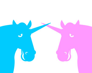 Two unicorn. Pink fanatical beast. Blue fabulous animal with hor