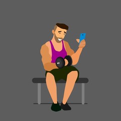 Muscular, bearded man smartphone vector illustration.