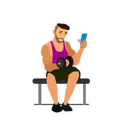 Muscular, bearded man smartphone vector illustration.