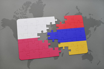 puzzle with the national flag of poland and armenia on a world map background.