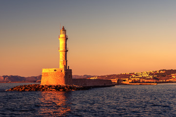 Fototapeta na wymiar Chania, Crete, Greece: lighthouse in Venetian harbor