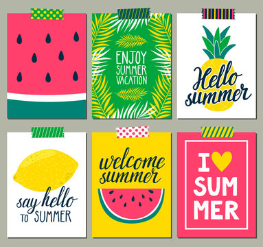 Vector set of bright summer cards. Beautiful posters.