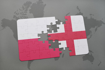 puzzle with the national flag of poland and england on a world map background.