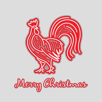 Christmas red rooster emblem linear card New Year on a gray back