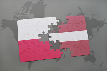 puzzle with the national flag of poland and latvia on a world map background.