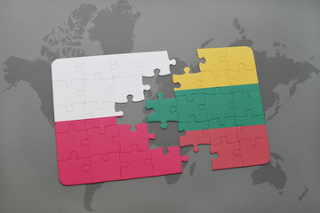 puzzle with the national flag of poland and lithuania on a world map background.