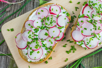 Detail on a Slice of Bread with Curd Cheese, Radishes and Chive