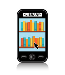 shelf with various books on your mobile phone and tablet with the inscription Library

