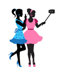 two elegant female silhouette holding selfie-stick and take pictures of themselves