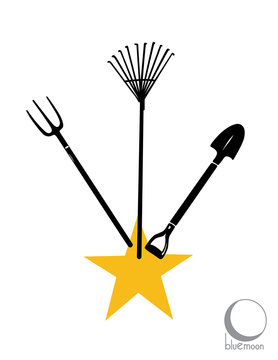 Gardening Tools Logo Or Design With Yellow Star, Rake, Shovel And Pitchfork