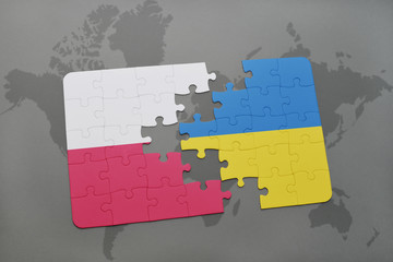 puzzle with the national flag of poland and ukraine on a world map background.
