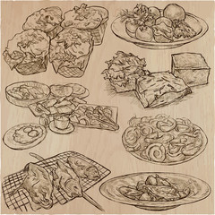 Food around the World. International Cuisine. Restaurant menu. Collection of hand drawn vector illustrations.Each drawing comprise a few layers of editable outlines. Foods are named inside the vector.