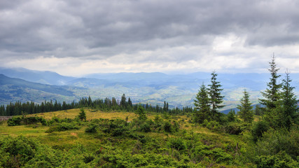 Cloudy summer Carpathian mountains landscape. Chornogora ridge, Ukraine, Europe.