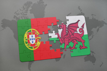 puzzle with the national flag of portugal and wales on a world map background.
