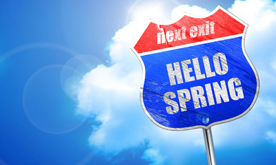 hello spring, 3D rendering, blue street sign