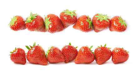 Line of red strawberries isolated