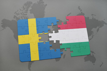puzzle with the national flag of sweden and hungary on a world map background.