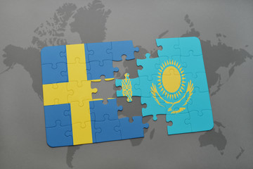 puzzle with the national flag of sweden and kazakhstan on a world map background.