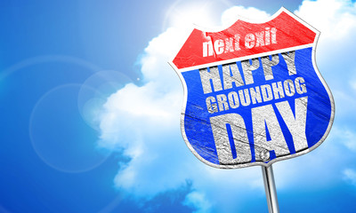happy groundhog day, 3D rendering, blue street sign