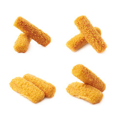 Pile of breaded crab sticks isolated