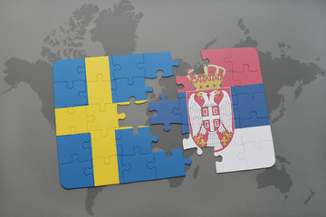 puzzle with the national flag of sweden and serbia on a world map background.