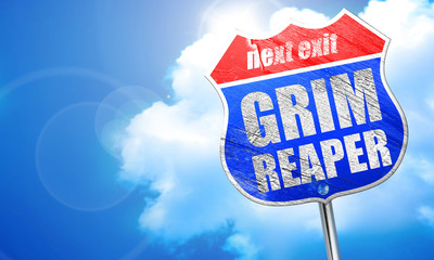 grim reaper, 3D rendering, blue street sign