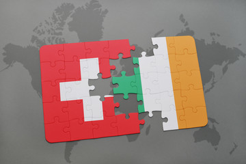 puzzle with the national flag of switzerland and ireland on a world map background.