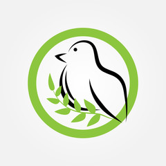 Round logo. A schematic silhouette of a bird on a branch with leaves. Black green. Abstract, isolated.