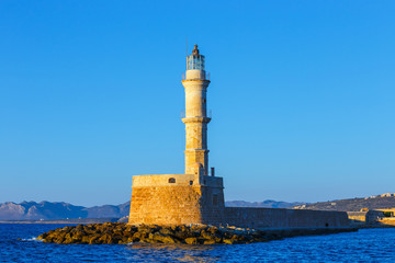 Fototapeta na wymiar View of the old port and Lighthouse in Chania, Crete, Greece