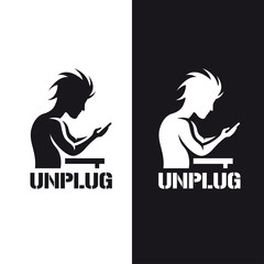 Silhouette of a man staring at his phone. Monochrome stencil vintage vector illustration.