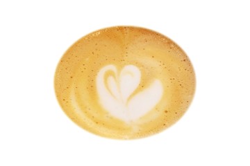Close-up of coffee foam, heart or flower art isolated over a whi