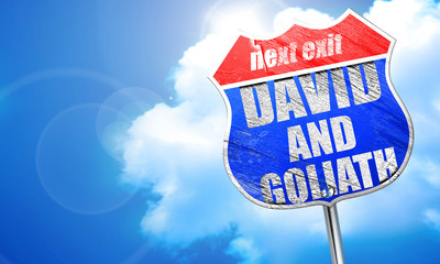 david and goliath, 3D rendering, blue street sign