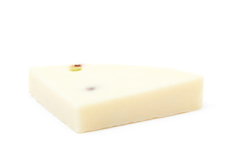 Slice fragment of white cheese isolated