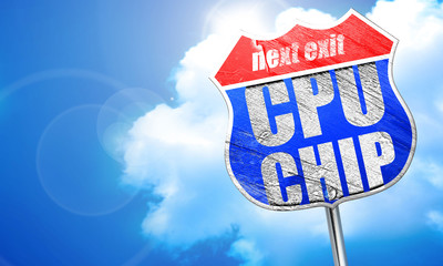 cpu chip, 3D rendering, blue street sign