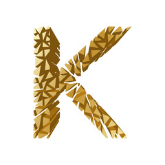 The letter K, in the alphabet broken 3d perspective set gold color isolated on white background