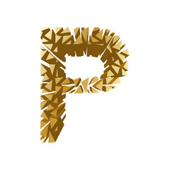 The letter P, in the alphabet broken 3d perspective set gold color isolated on white background