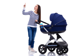 Obraz premium Full length portrait of a mother with a stroller, isolated on white background