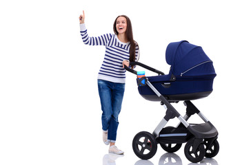 Full length portrait of a mother with a stroller, isolated on white background