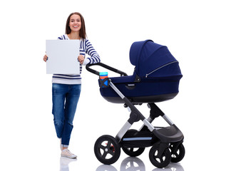 Full length portrait of a mother with a stroller holding blank, isolated on white background