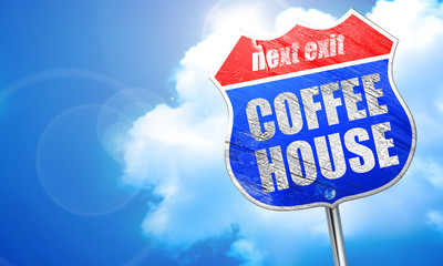 coffee house, 3D rendering, blue street sign