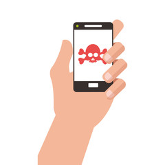 flat design hand holding modern cellphone with skull and bones on screen icon vector illustration