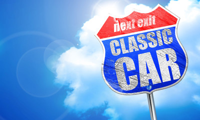 classic car, 3D rendering, blue street sign