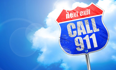 call 911, 3D rendering, blue street sign