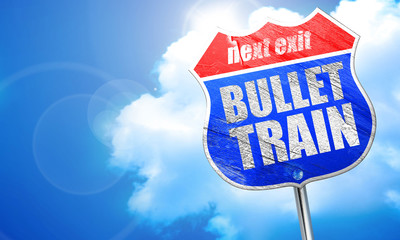 bullet train, 3D rendering, blue street sign